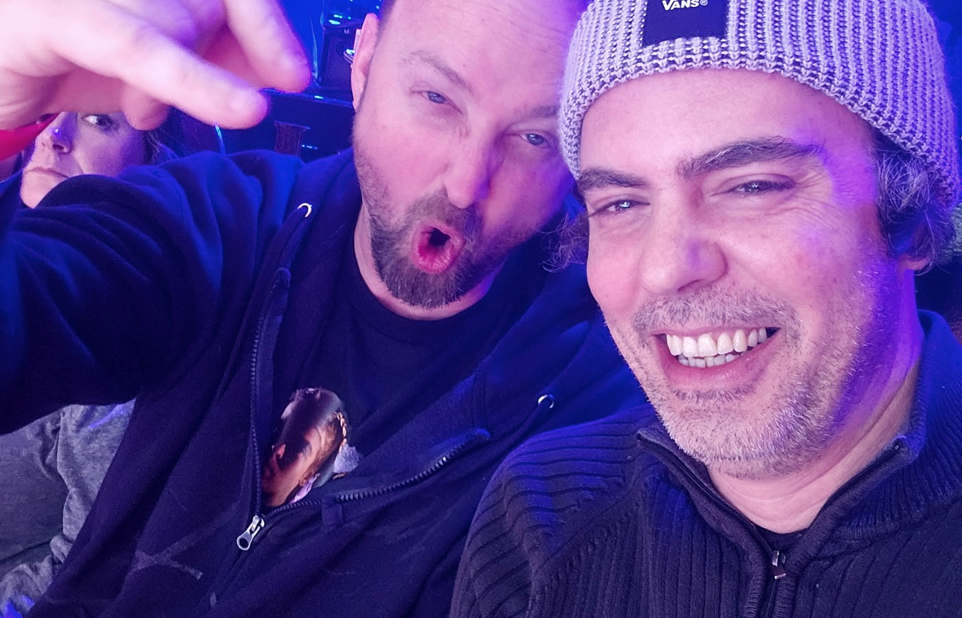 The two members of Obsolete Humans at a live music event